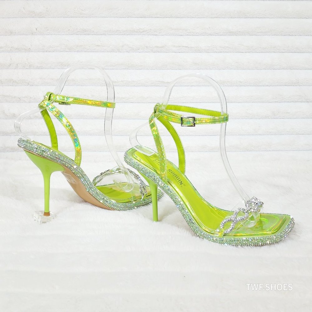Mini .5" Rhinestone Platform Lime Green Hologram Upper Wrap Strap Heels Baily - Picture 3 of 17